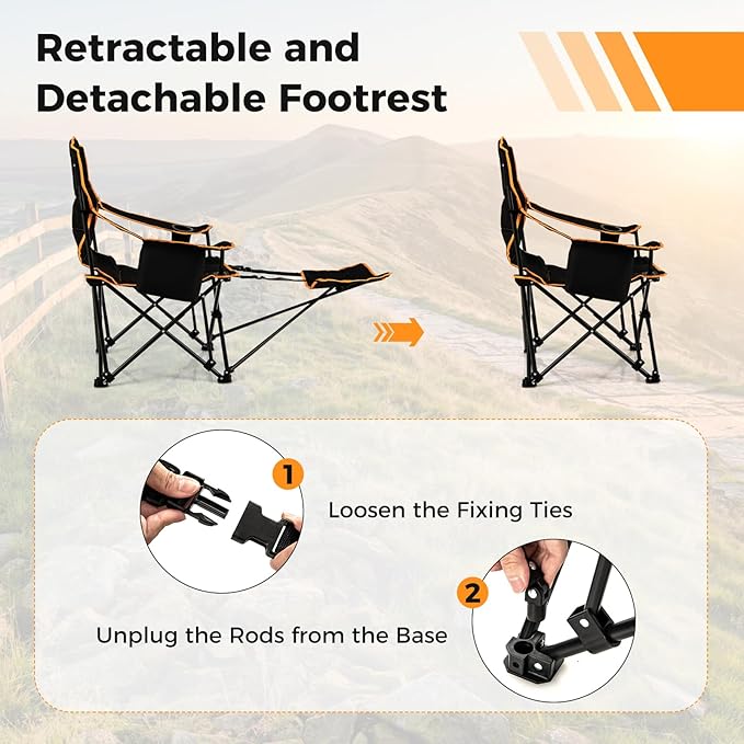 KOTEK Reclining Camping Chair Portable Camp Chair with Removable Footrest Adjustable Backrest Cup Holder Cooler Bag &amp Carry Bag Folding Lawn Chair for Adults Outdoor Activities (1)