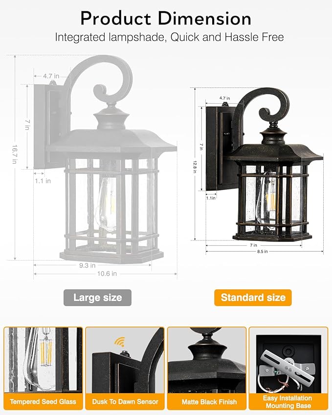 VIANIS Exterior Lighting Fixtures Dusk to Dawn 2 Pack Outdoor Light Fixture Oil Rubbed Bronze Porch Lights with Seed Tempered Glass Outside Lights for House Garage Doorway Patio