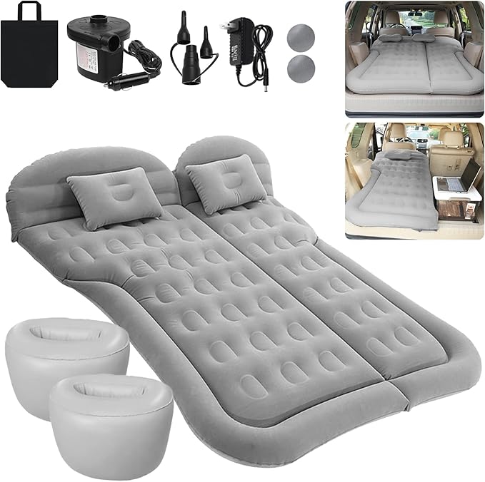 ISWEES Car Bed SUV Air Mattress Car Air Mattress with Home Power Adapter Electric Pump 2 Inflatable Pillows and 2 Footrests for Back Seat Side SeatTrunk Sleeping Thickened Camping Bed - Grey