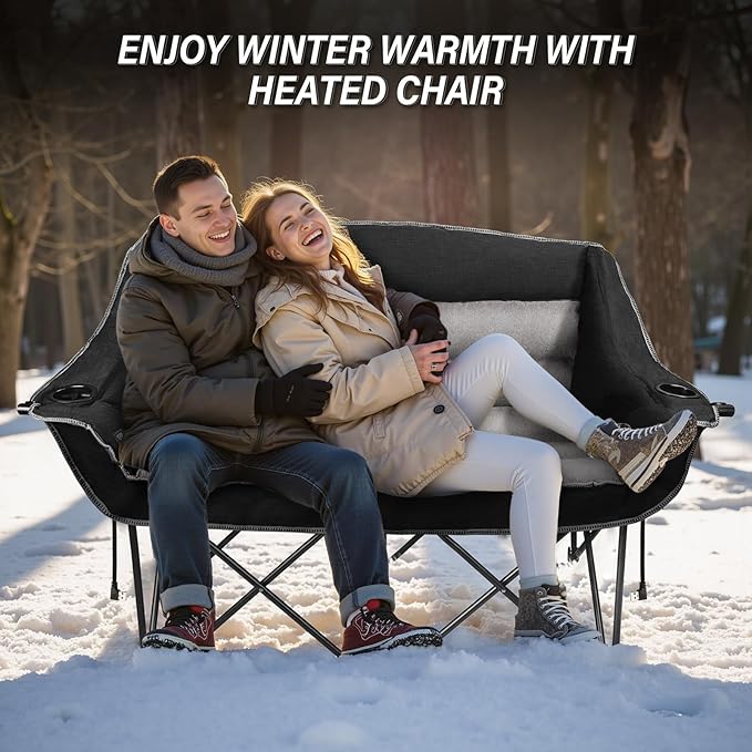 Heated Double Camping Chairs3 Heat Levels Padded Portable Loveseat w/Wine Glass HolderCup HolderHeating Outdoor Camp Couch Support 600 LbsBlackBattery NOT Included
