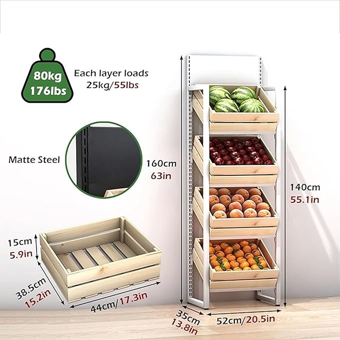 Commercial Supermarket Fruit &amp Vegetable Shelf 3/4 Tier Produce StorageLarge Capacity Retail Snack Rack Display With Wood Baskets Kitchen Onion Potato Produce(White rack+wooden box4 tier)
