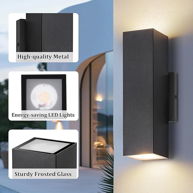 BesLowe 2-Pack Outdoor Wall Lights LED Up and Down Lights Outdoor Modern Wall Sconces Porch Light Black Exterior Lighting Fixtures Wall Mount Outside Lights for House Front Door Garage 3000K