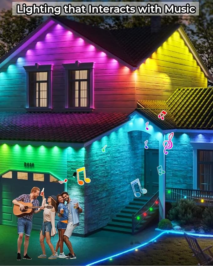 FVTLED 100FT Permanent Outdoor Lights for House Smart RGB+IC LED Eaves Lighting with APP/Remote Control IP67 Waterproof Outdoor String Light with 72 LED Lights for Garden Decor Deck Christmas