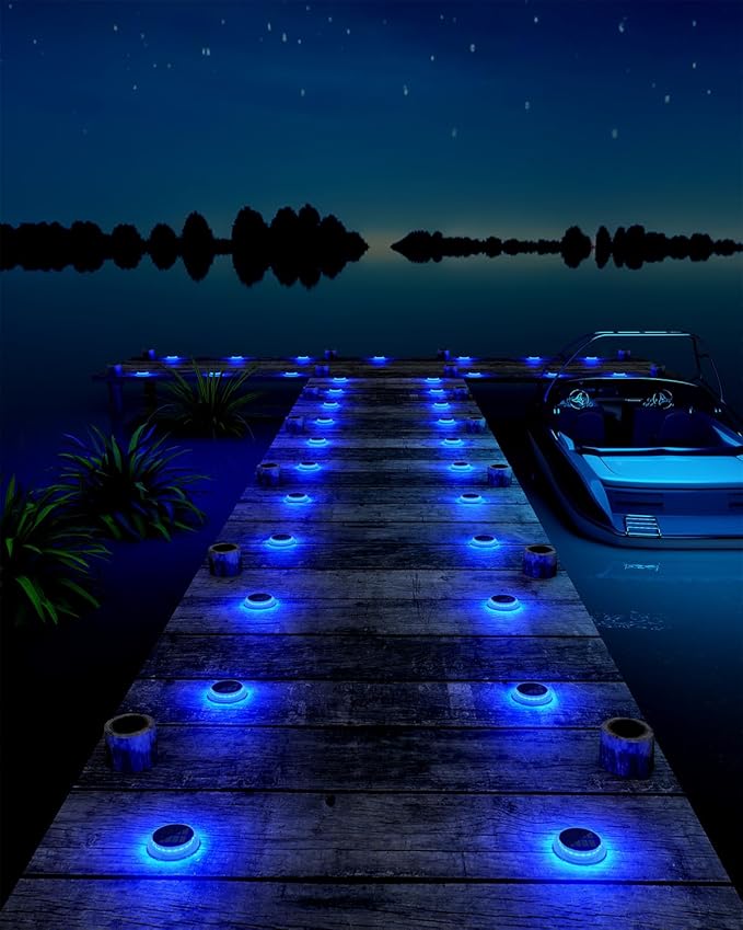 6 Packs Solar Driveway Lights Blue Dock Deck Lights Solar Powered Outdoor IP68 Waterproof Stick on Light for Step Stair Driveway Pool Pathway Walkway Patio
