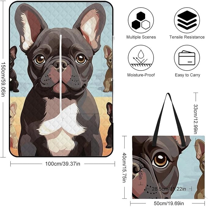 Zipper French Bulldog Dog Cute Style Picnic Mat Suitable for Travel Camping Park Or Home Use