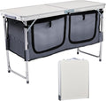 VINGLI 4 Ft Folding Table Aluminum Camping Table Picnic Table with Storage Adjustable Height for Outdoor Beach BBQ Backyards Travel Party (White ＆ Grey)
