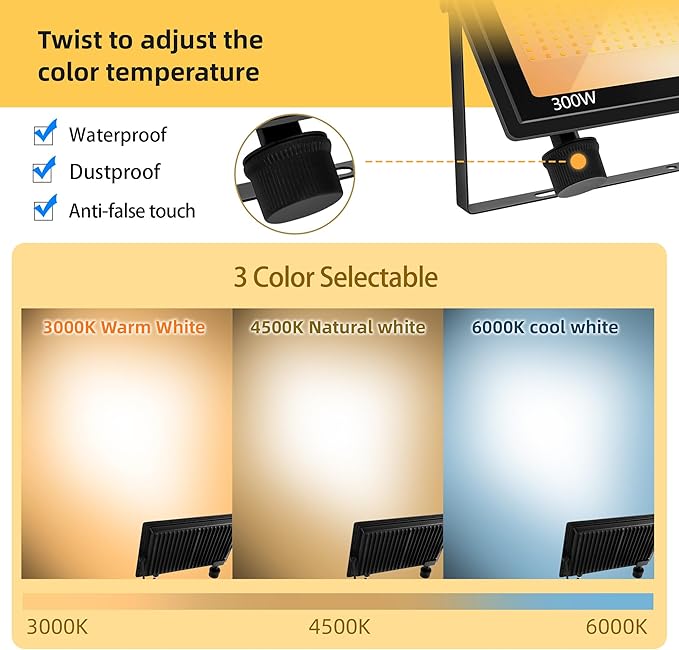 3 Pack 300W LED Flood Lights Outdoor 3CCT 3000K/4500K/6000K Color Selectable Floodlight Outside Light IP66 Waterproof Security Lamps for Yard Court Stadium