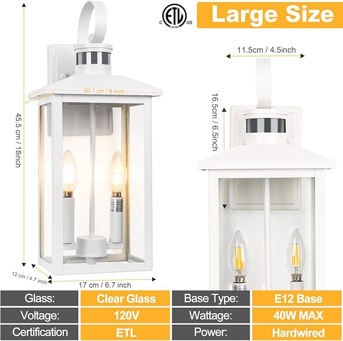 White Motion Sensor Light Outdoor 18 ETL Listed Outdoor Lights with Sensor Detection 2-Light Aluminum White Exterior Light Fixture with E12 Socket Outside House Lights Wall Mount