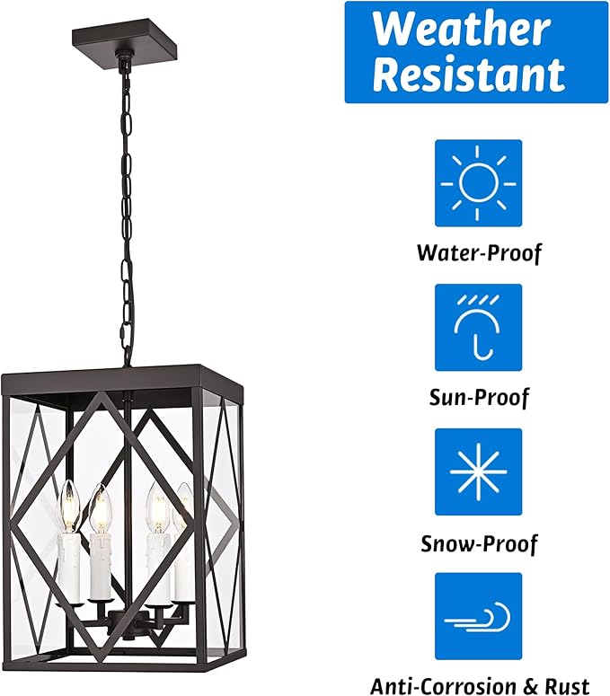 Exterior Hanging Lantern Porch Pendant Lights with Clear Glass Oil Rubbed Brozne Outdoor Pendant Light Adjustable Outside Chandelier Ceiling Mount or Front Porch Entrance Patio Foyer 4 Light