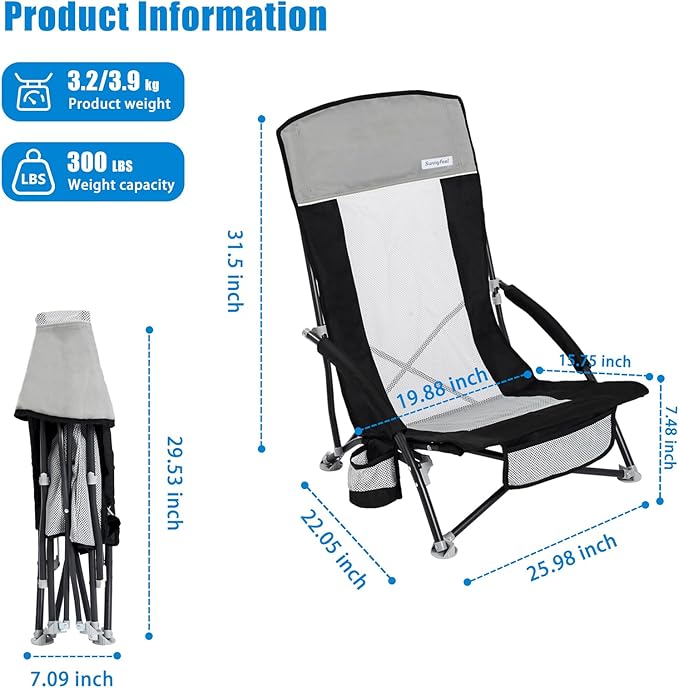SUNNYFEEL Folding Beach Chair High Back Beach Chairs for Adults Lightweight Portable Camp Chair 300lbs Heavy Duty with Carry Bag Mesh Back Cup Holder for Outdoor Travel Picnic Concert Black