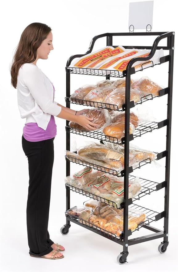 Displays2go Metal Wire Rack Storage Unit with Tilting Shelves Two Types of Sign Holders Locking Wheels and Fresh Baked Header 64 Inch Black (BAKCRT6NBK)