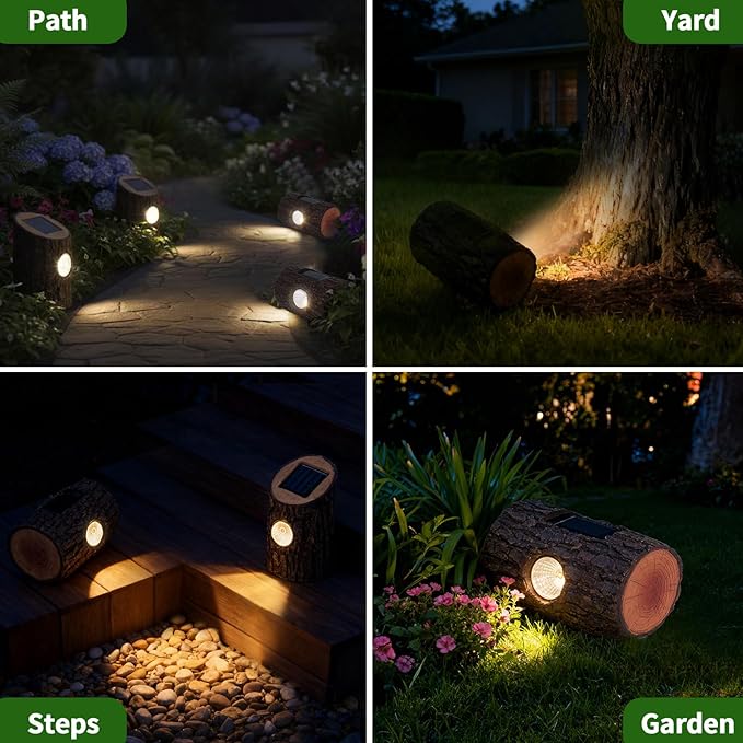 Solar Garden Lights Outdoor 2 Pack Decorative Rustic Tree Stump Pathway Lights Warm White Auto On/Off IP65 Waterproof Lights for Yard Patio Lawn Flower Bed Steps Garden Decor Gifts