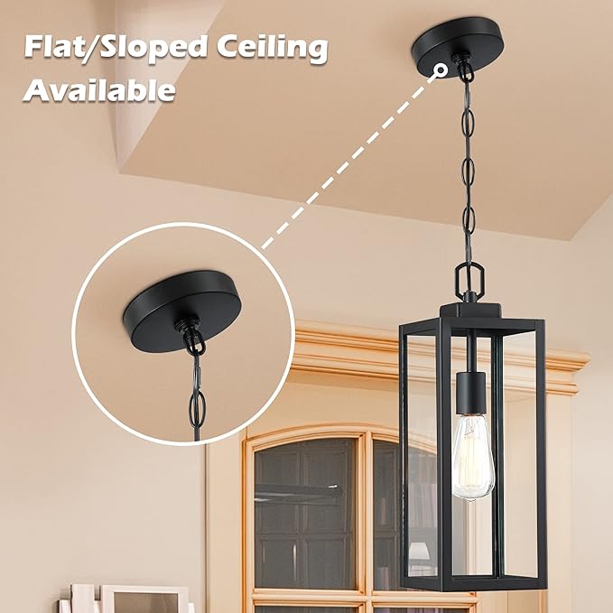 Pia Ricco Outdoor Pendant Light Modern Matte Black Adjustable Exterior Hanging Porch Lighting Waterproof Ceiling Mount Lamp with Clear Glass Shade for Front Porch Entryway Doorway ETL Listed