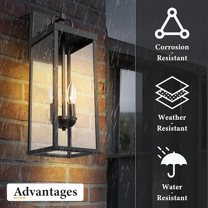 Outdoor Wall Sconce Light 20 Inch Tall Transitional Exterior Wall Bracket Lighting with Clear Glass Anti-Rust Powder Coat Black Modern Outside Lantern for Front Porch Corridor Doorway Patio