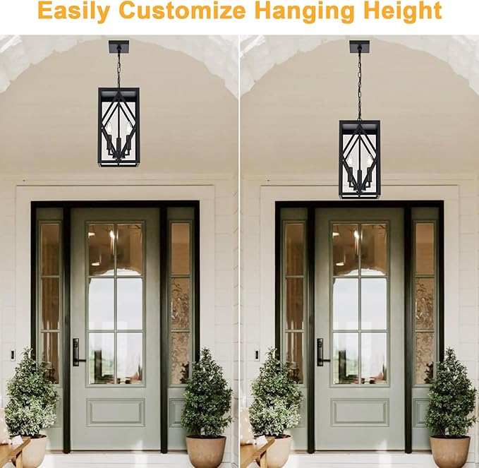 15.7'' Outdoor Pendant Light for Porch 3-Lights Metal Black Outdoor Chandelier Exterior Hanging Porch Light Fixtures w/Clear Glass Outside Pendant Lantern for Front Door Entryway E12 Base