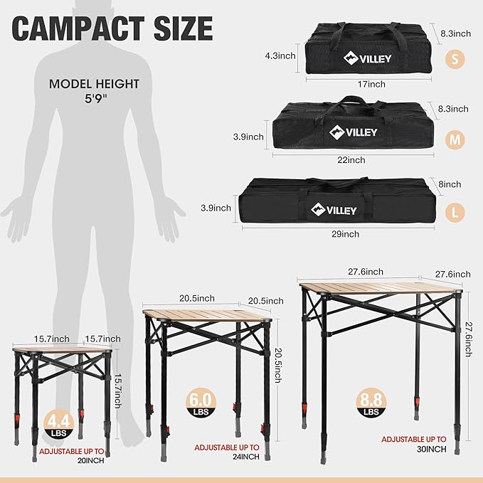 VILLEY Folding Camping Square Table with Carry Bag Lightweight Aluminum Adjustable Square Table for Outdoor Camping Picnic Backyards BBQ (S)