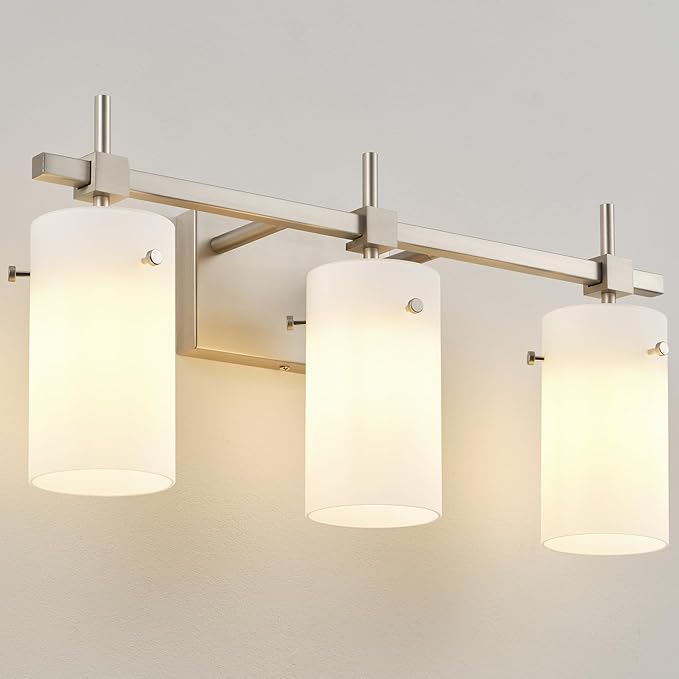SOLFART Brushed Nickel Bathroom Light Fixtures 3-Light Modern Vanity Light Over Mirror Wall Sconces with Milky White Frosted Glass Shades E26 Socket (Bulbs Not Included)