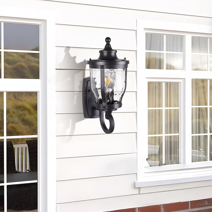JYZ 15 Outdoor Wall Light Lantern Anti-Rust Exterior Wall Sconce with Hammered Water Ripple Glass Waterproof Matte Black Outside Lighting Fixture for Front Door Porch Garage