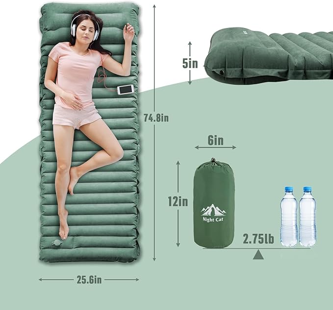 Night Cat Camping Sleeping Pad: Lightweight Backpacking Inflatable Sleeping Mat with Internal Pillow &amp Foot Pump