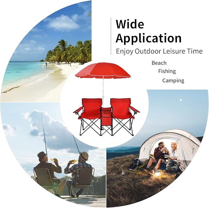 MAT EXPERT Folding Double Camp Chair w/Removable Umbrella Portable Picnic Chair w/Mini Table Chair Set w/Beverage Holder Portable Loveseat Camp Chairs for Beach Backyard Poolside (Red)