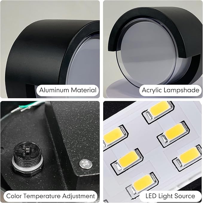 Outdoor Wall Lights 2 Pack 6 Inch Modern LED Wall Sconces 1200LM 3CCT Selectable (3200K/4000K/6500K) IP65 Waterproof Black Aluminum Exterior Light Fixtures for House Porch Garage
