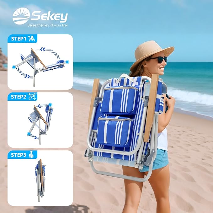 Sekey Aluminum Beach Chair for Adults with 5-Position Classic Lay Flat Lightweight Folding Backpack Beach Chair with 2 Cooler Bag Towel Bar Cup Holder &amp Phone Holder for Outdoor Camping Lawn
