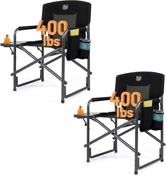 TIMBER RIDGE Aluminum Oversized Camping Chair Lightweight Portable Directors Chair with Side Table Detachable Side Pocket for Outdoor Camping Lawn Picnic Support 400lbs Black 2 Pack