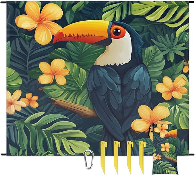 Waterproof Sandproof Beach Blanket 59''×68'' Animal Toucan Polyester Outdoor Picnic Blanket with 4 Stakes &amp Storage Bag for BeachCampingVacation