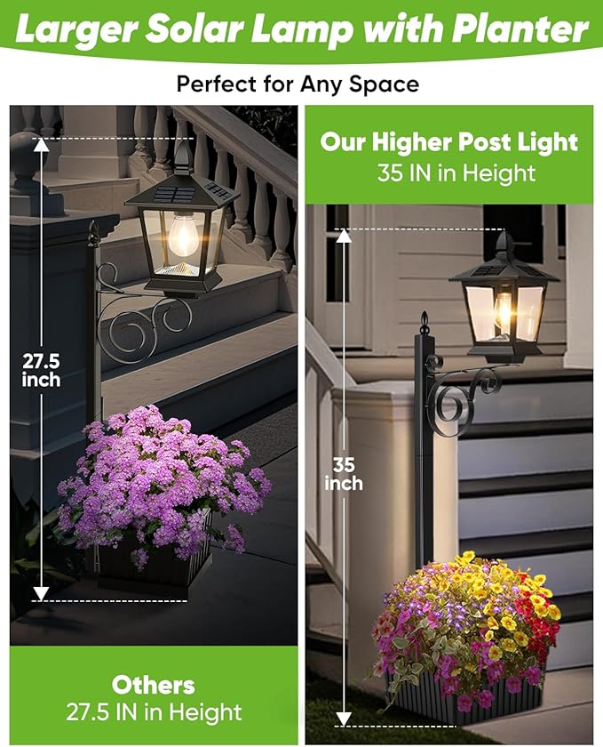 2 in 1 Outdoor Flower Pots 35” Solar Lamp Post Light with Planter Metal Pole &amp IP65 Waterproof Freestanding Outdoor Planters Decorative Solar Lamp for Outside Front Door Yard 1-Pack