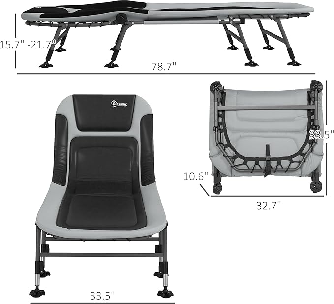 Camping Cot for Adults Folding Bed with Soft Padded Cushions Headrest 180° Adjustable Reclining Lounger Heavy Duty and Portable with a 400 lbs. Capacity Gray