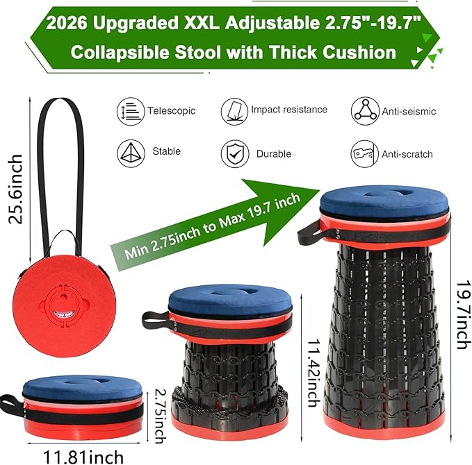 2026 Upgraded XXL Collapsible Stool with Thick Cushion19.7H-11.8D Telescoping Folding Stool for Adults More Sturdy Camping Stools with Load Capacity 1000lbs for OutdoorGardenFishingHiking