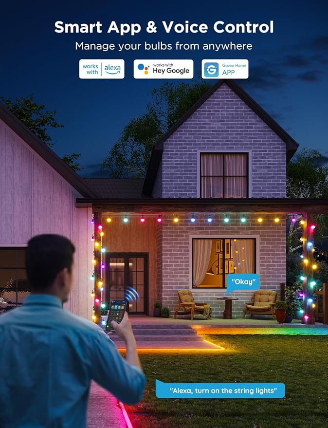 Govee Smart Outdoor String Lights 2 144ft Outdoor Lights with Dimmable Warm White LED Bulbs 47 Scene Modes for Patio Backyard Balcony IP65 Waterproof Works with Alexa App Control