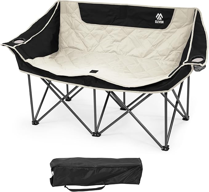 Elevon Camping Chair Oversized Loveseat Double 2 Person Outdoor Chair with Arms Cup Holder and Carry Bag Heavy-Duty Collapsible Chair for OutsideBlack/White