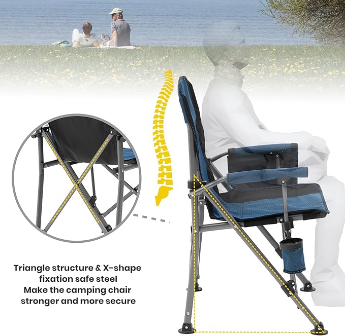 XGEAR Camping Chair with Padded Hard Armrest Sturdy Folding Camp Chair with Cup Holder Storage Pockets Carry Bag Included Support to 400 lbs