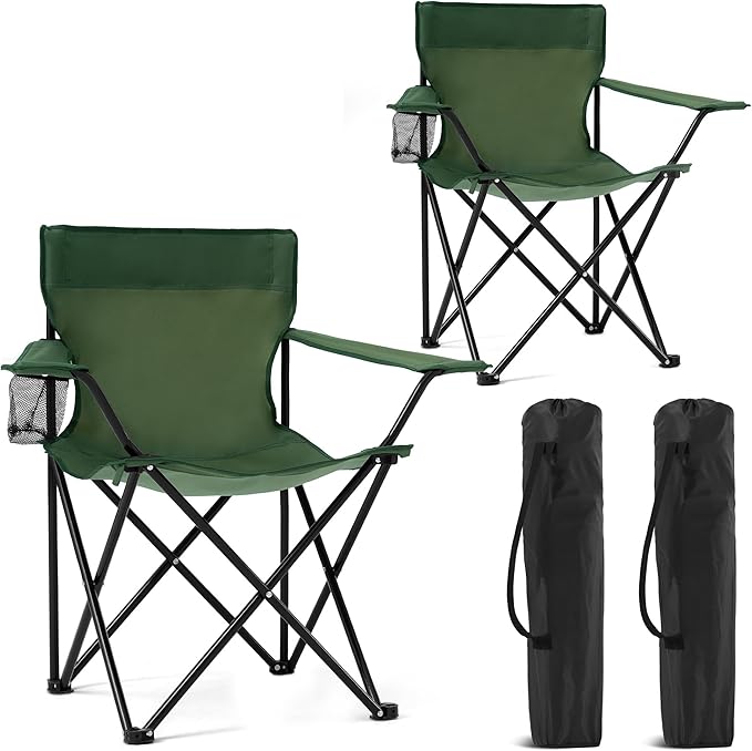 2 Pack Portable Camping Chairs Folding Lawn Chair Outdoor Lightweight Beach Chair with Cup Holder &amp Carry Bag for Outside Sports Fishing Hiking Travel Picnic Backyard Green