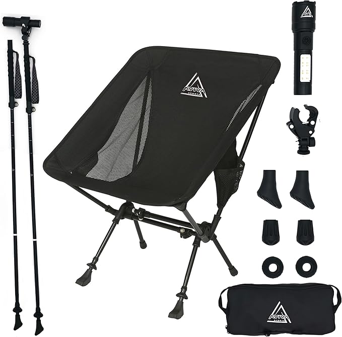 3-in-1 Camping Chair Trekking Poles &amp Mounted Flashlight – All-in-One Backpacking Kit Small &amp Weighs Only 3 lbs – Lightweight Aluminum Hiking Poles - Chair &amp High Lumen LED Light