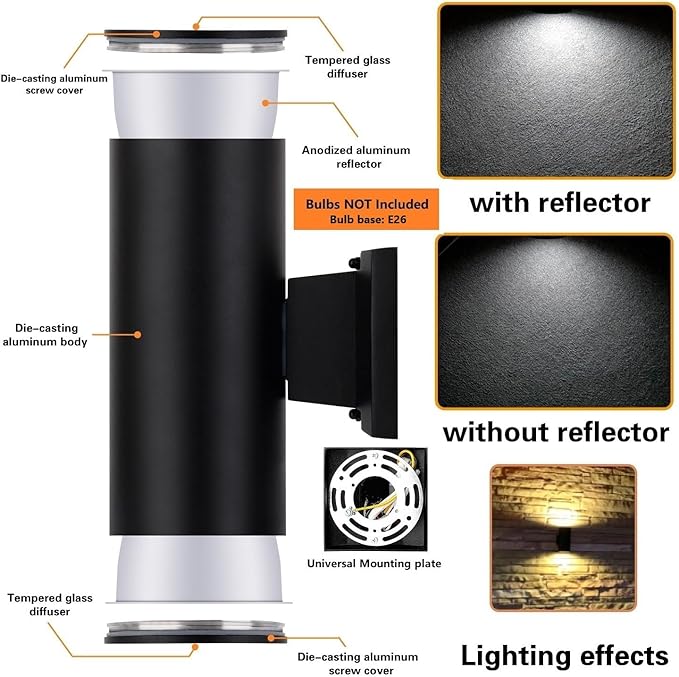Outdoor Wall Light Exterior Lighting - ETL Listed Die-Casting Aluminum Waterproof Wall Mount Cylinder Design - Up Down Light Fixture for Porch Backyard and Patio (Black)