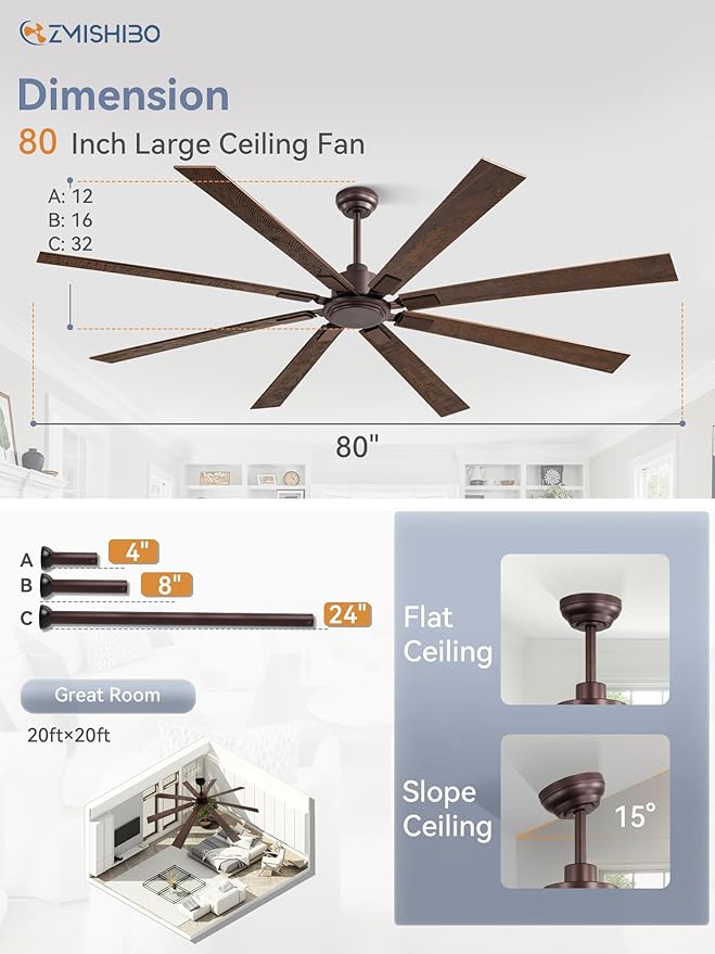 ZMISHIBO 80 Inch Ceiling Fan No Light with Remote Control 8 Blades Quiet DC Reversible Motor 6-Speed Timer Oil Rubbed Bronze Finish Indoor Outdoor Ceiling Fans for Patios Living Room Garage
