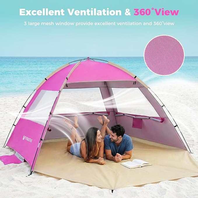 Venustas Beach Tent Sun Shelter for 3/4-5/6-7/8-10 Person UPF 50+ UV Protection Beach Canopy Lightweight and Easy Setup Cabana Portable Shade Tent