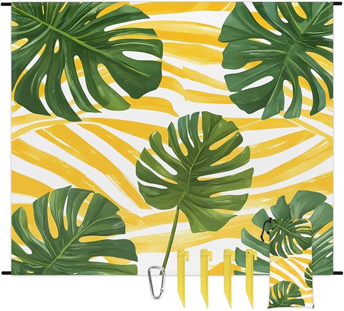 Waterproof Sandproof Beach Blanket 59''×68'' Watercolor Tropical Leaves Polyester Outdoor Picnic Blanket with 4 Stakes &amp Storage Bag for BeachCampingVacation