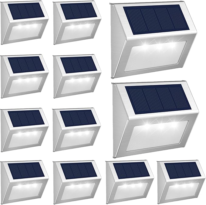 JSOT Outdoor Fence Lights12 Pack Solar Powered Deck Lights Waterproof Stairs Light Stainless Steel Security Wall Lamps for Step Walkway Patio Garden Pathway - Cool White