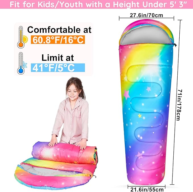 FIOBEE Kids Sleeping Bag for Girls Boys 3 Season Warm &amp Cool Weather Youth Camping Sleeping Bags with Backpacking Bag Waterproof for Traveling Hiking Indoor Outdoor Camping Essentials
