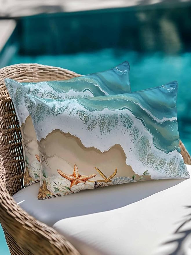 Outdoor Pillows Waterproof Coastal Beach Ocean Bedding Throw Pillows with Insert for Couch Sofa Bed Nautical Starfish Shells Conch 12x20 Inch Pillowcases Camping Patio Pillow Set of 2