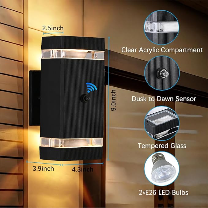 Outdoor Wall Lights 1 Pack Integrated LED Up Down Lights Modern Black Outdoor Wall Light with Dusk to Dawn Sensor Aluminum Exterior Wall Light for Porch Patio Door