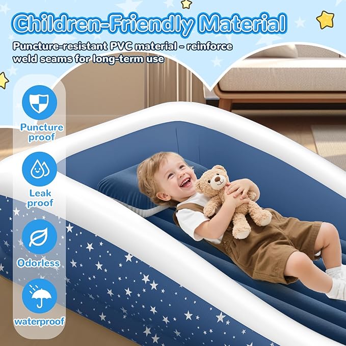Inflatable Toddler Travel Bed: Portable &amp Safety - Blow Up Toddler Bed Travel with 4 Sides - Kids Air Mattress Ideal for Outdoor Camping - Easy to Inflate Deflate and Clean (67” Blue)