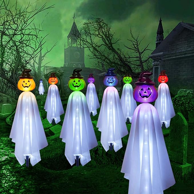Homeleo Set of 4 Solar Pumpkin Ghost Lights for Halloween Decorations Outdoor Light up Floating Scary Ghosts Pumpkins Witch Hat Stake Lights for Porch Yard Outside Pathway Halloween Party Decor