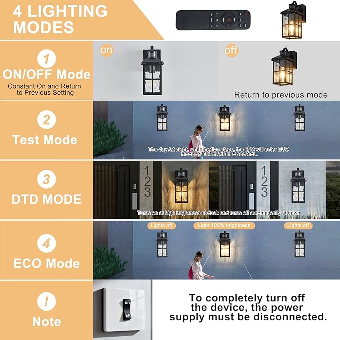 Porch Lights with GFCI Outlet with RemoteDusk to Dawn Motion Sensor Outdoor Light Upgraded 4 Lighting Modes Exterior Fixture Waterproof Outside Lights for House Patio Garage