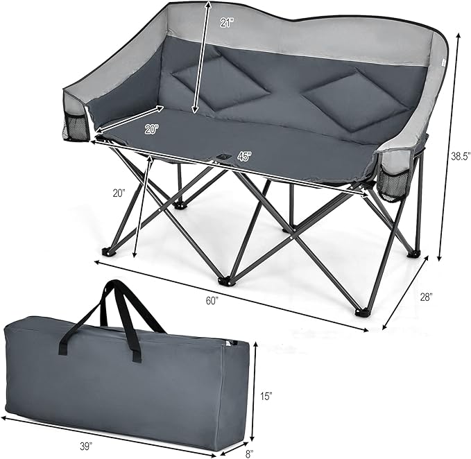 Loveseat Camping Chair Double Folding Chair Support 500 LBS Heavy Duty for 2 Adults Oversize Camp Seat with Storage Bags Backrest Padded Wide Camp Seat for Outside Picnic Beach (Grey)