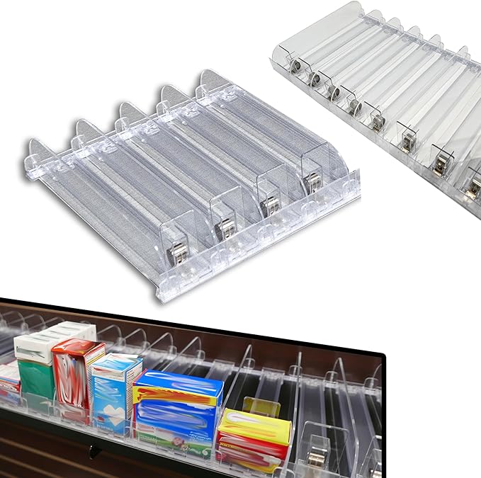 STORE FIXTURES DIRECT Auto Feed Shelf Product Pusher Kit Adjustable Width Merchandise Pushing System (1 12 Kit) - [4 Shelf Pushers + 5 Dividers]
