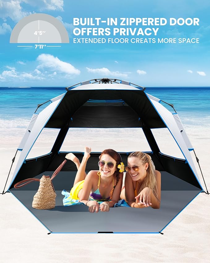 OutdoorMaster Beach Tent with Blackout Shelter Technology Portable Sun Shade Shelter 4 Person Pop Up Beach Tents with UPF 50+ UV Protection 9.5mm Thick Pole 3 Ventilating Mesh Windows